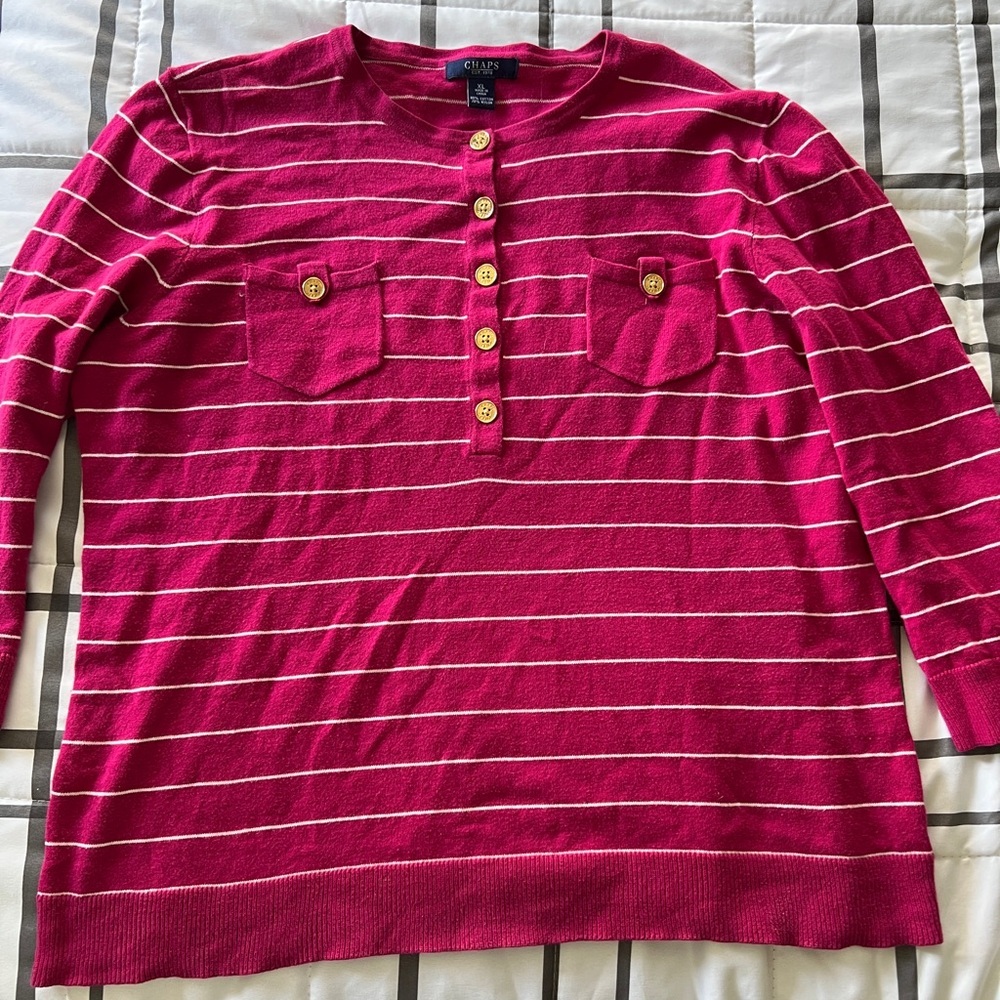 CHAPS sz XL Pink Striped Button-Up preppy chic lightweight cardigan Sweater‎